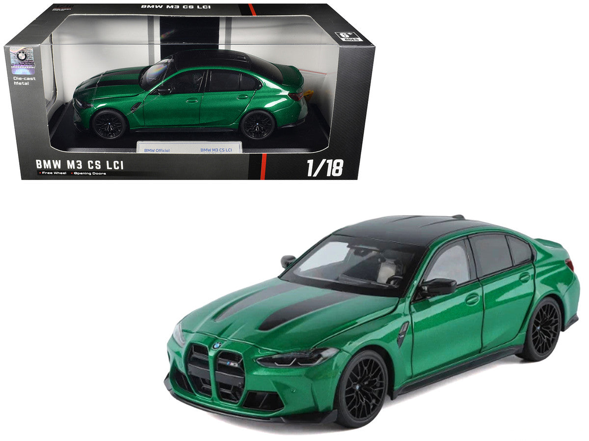 BMW M3 CS LCI Green Metallic with Matt Black Top and Hood Stripes 1/18 Diecast Model Car by Heimanba Heimanba