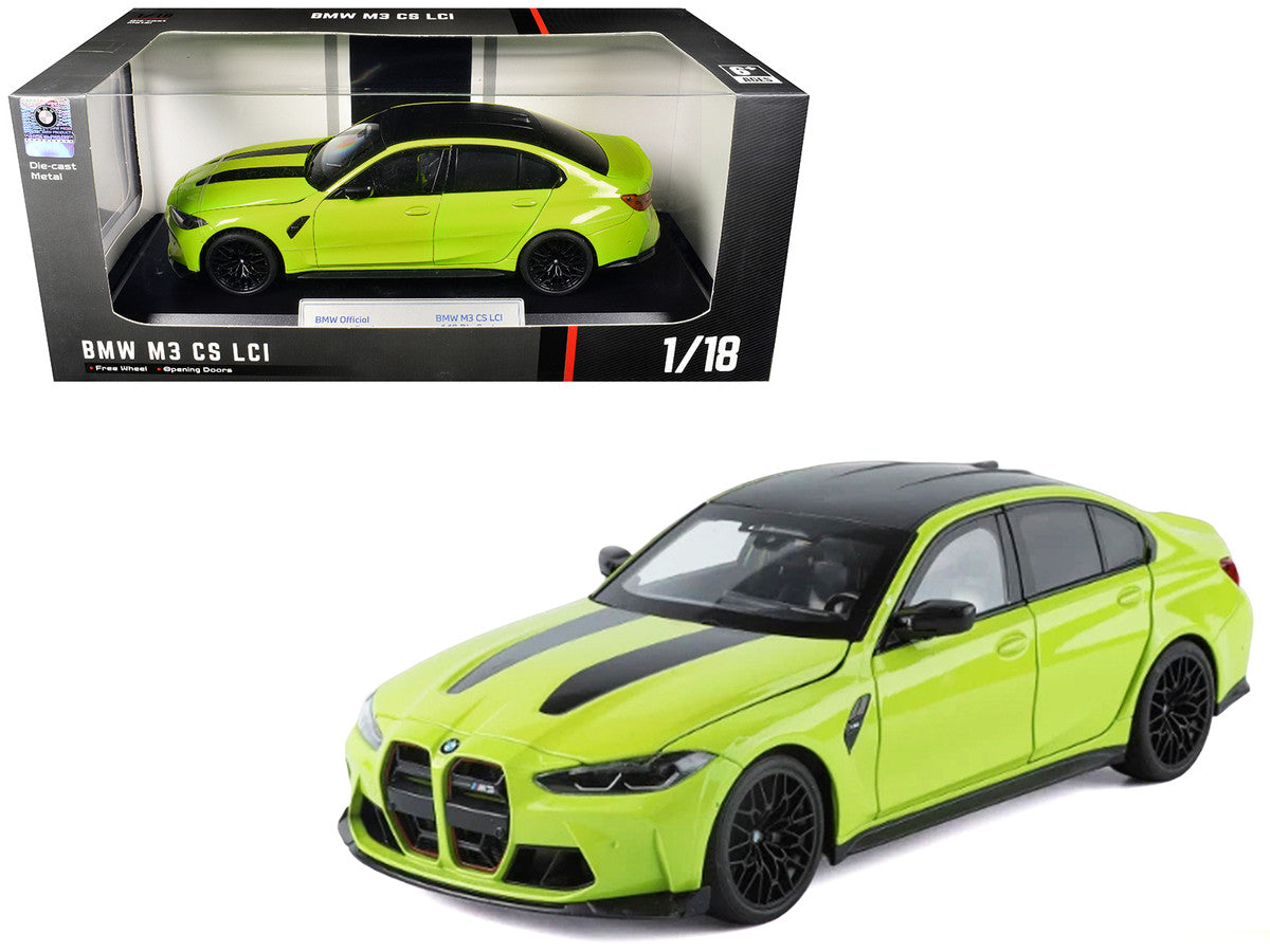 BMW M3 CS LCI Lime Green Metallic with Matt Black Top and Hood Stripes 1/18 Diecast Model Car by Heimanba Heimanba