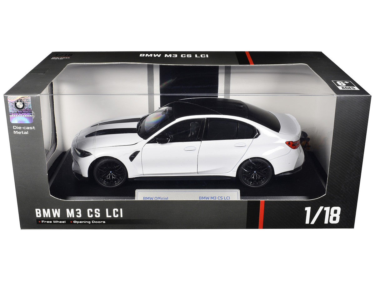 BMW M3 CS LCI White Metallic with Matt Black Top and Hood Stripes 1/18 Diecast Model Car by Heimanba Heimanba