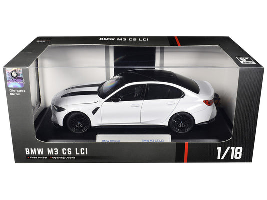 BMW M3 CS LCI White Metallic with Matt Black Top and Hood Stripes 1/18 Diecast Model Car by Heimanba Heimanba