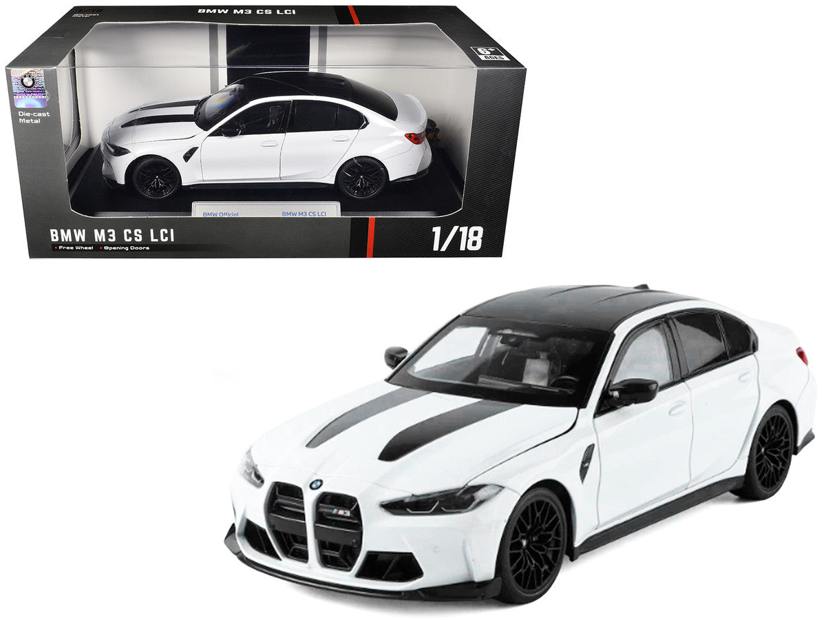 BMW M3 CS LCI White Metallic with Matt Black Top and Hood Stripes 1/18 Diecast Model Car by Heimanba Heimanba