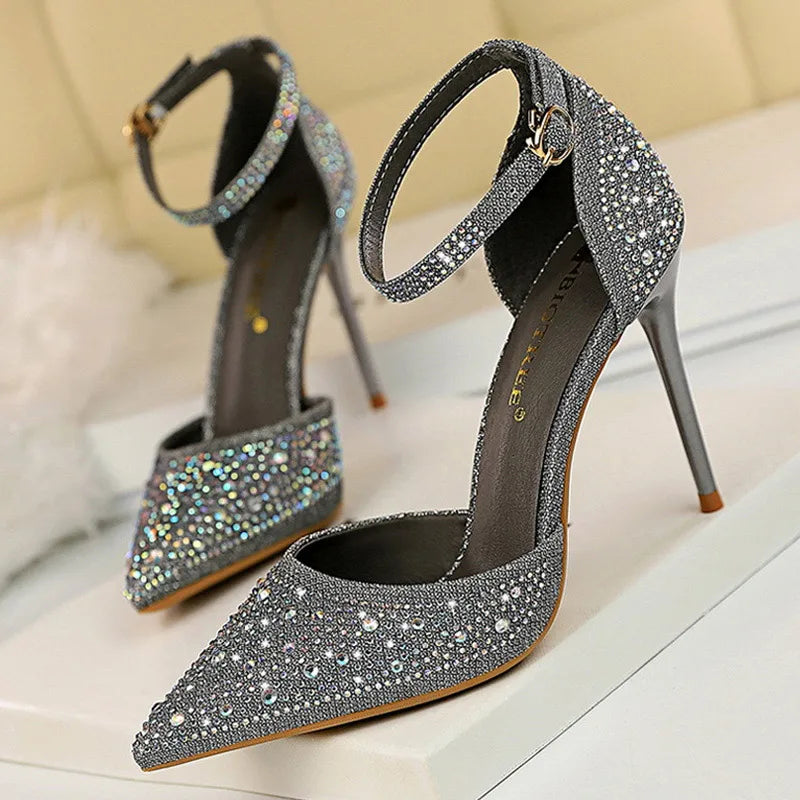 BIGTREE Shoes Shiny Rhinestones High Heels Ladies Shoes Women Pumps Stiletto Sweet Women Heels Wedding Shoes Women Sandals 10 Cm Pi-Mart