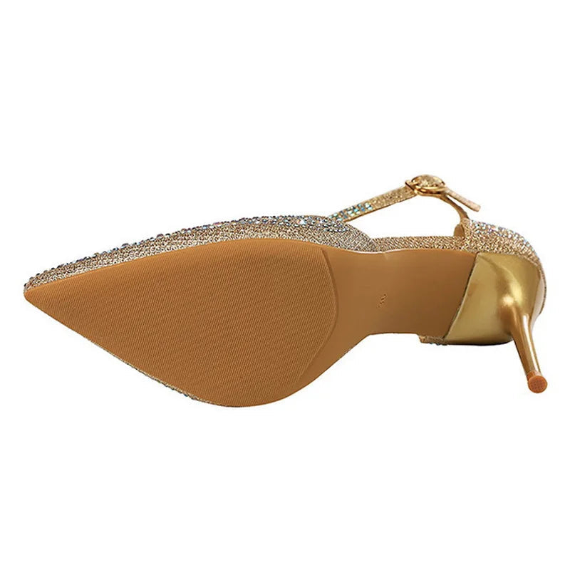 BIGTREE Shoes Shiny Rhinestones High Heels Ladies Shoes Women Pumps Stiletto Sweet Women Heels Wedding Shoes Women Sandals 10 Cm Pi-Mart