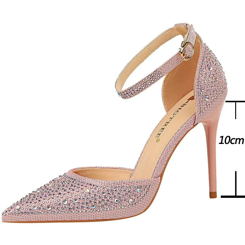BIGTREE Shoes Shiny Rhinestones High Heels Ladies Shoes Women Pumps Stiletto Sweet Women Heels Wedding Shoes Women Sandals 10 Cm Pi-Mart