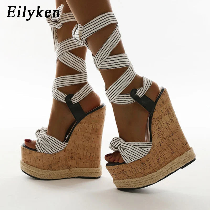 Eilyken Summer Solid White Platform Wedges Sandals Women Fashion High Heels Ankle Strap Ladies Open Toe Shoes LadyShow.Store