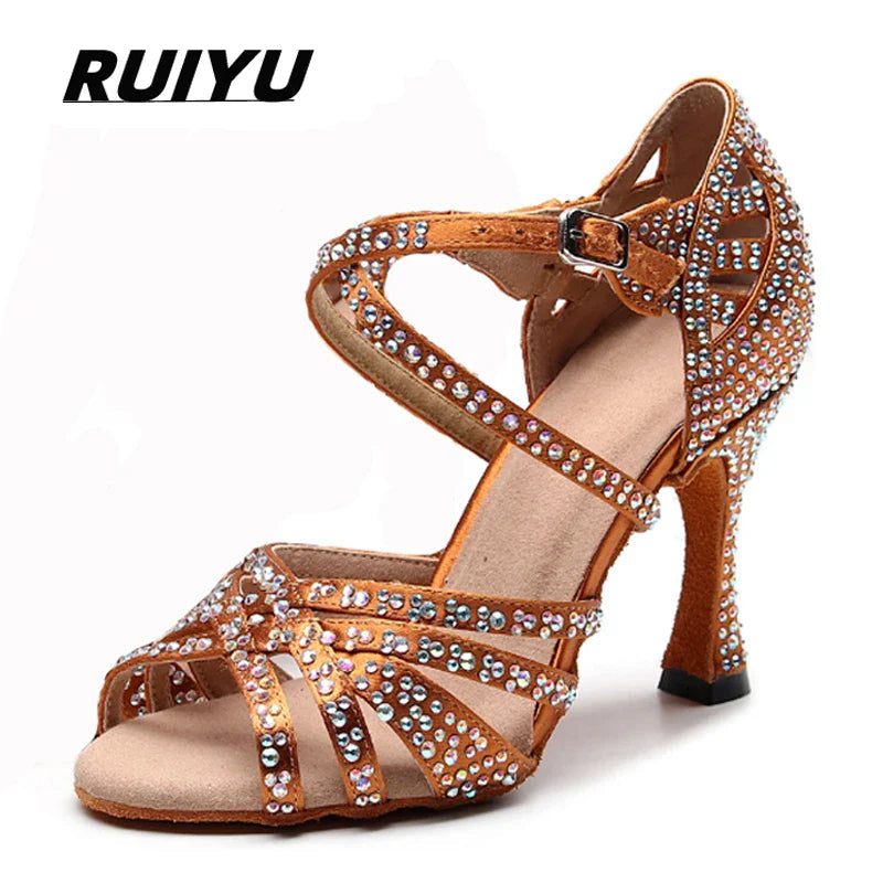 Latin Dance Shoes Ladies Salsa Tango Sneakers Training Dance Shoes High Heel Sandals Summer Square Dance Shoes Bronze Black LadyShow.Store