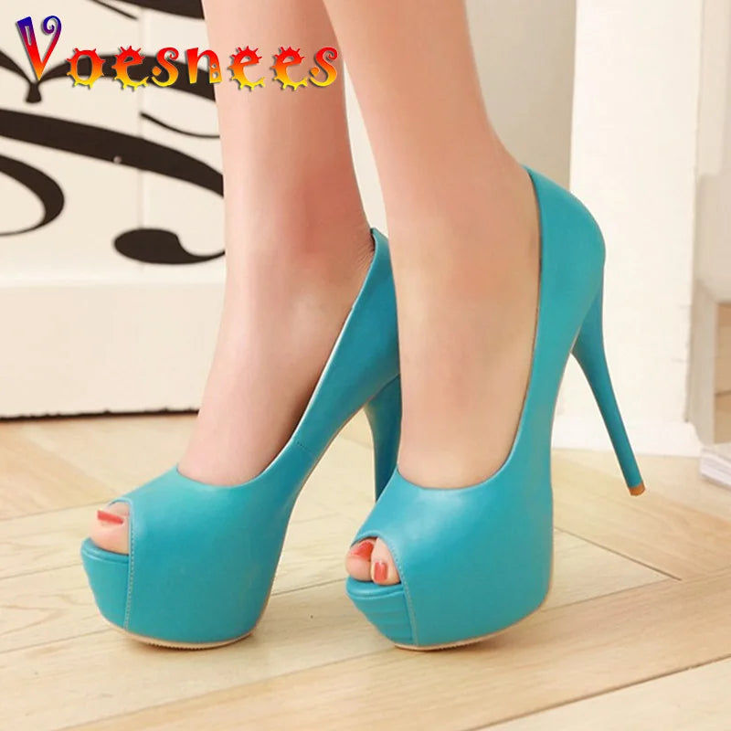 2022 Spring New Super High Heel Fish Mouth Single Shoes Waterproof Platform Comfortable Women's Thin Heel Model Walk Show Pumps Pi-Mart
