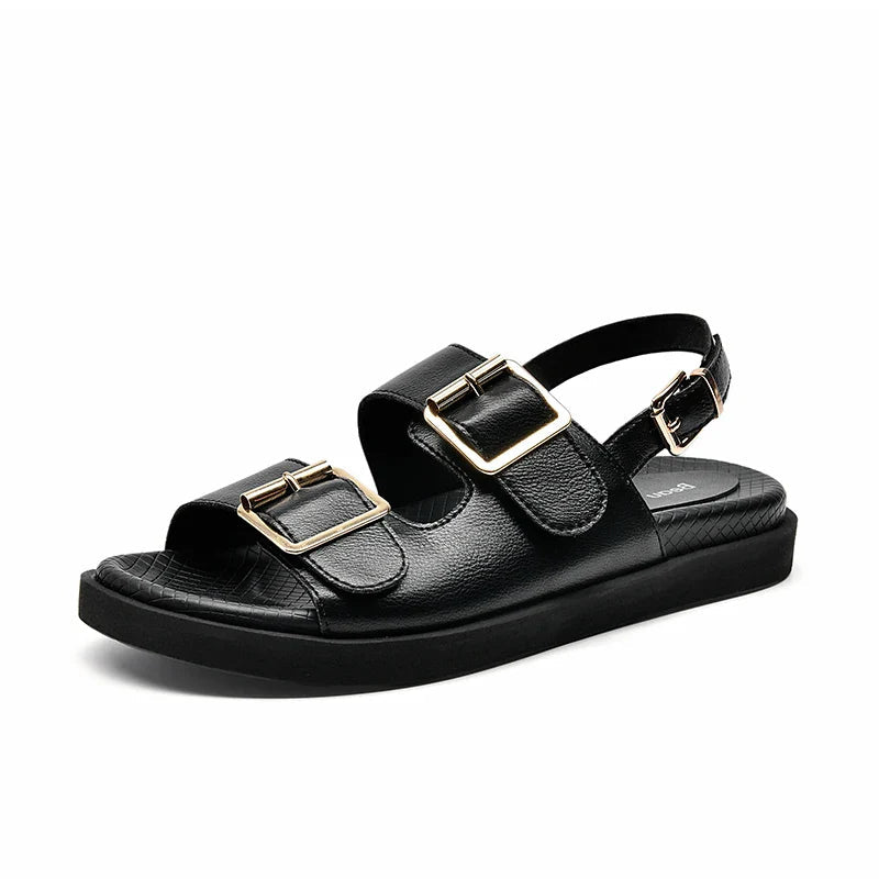 BeauToday Casual Sandals Women Genuine Leather Metal Ankle Buckle Strap Summer Beach Ladies Low Heel Sport Shoes Handmade 38128 LadyShow.Store