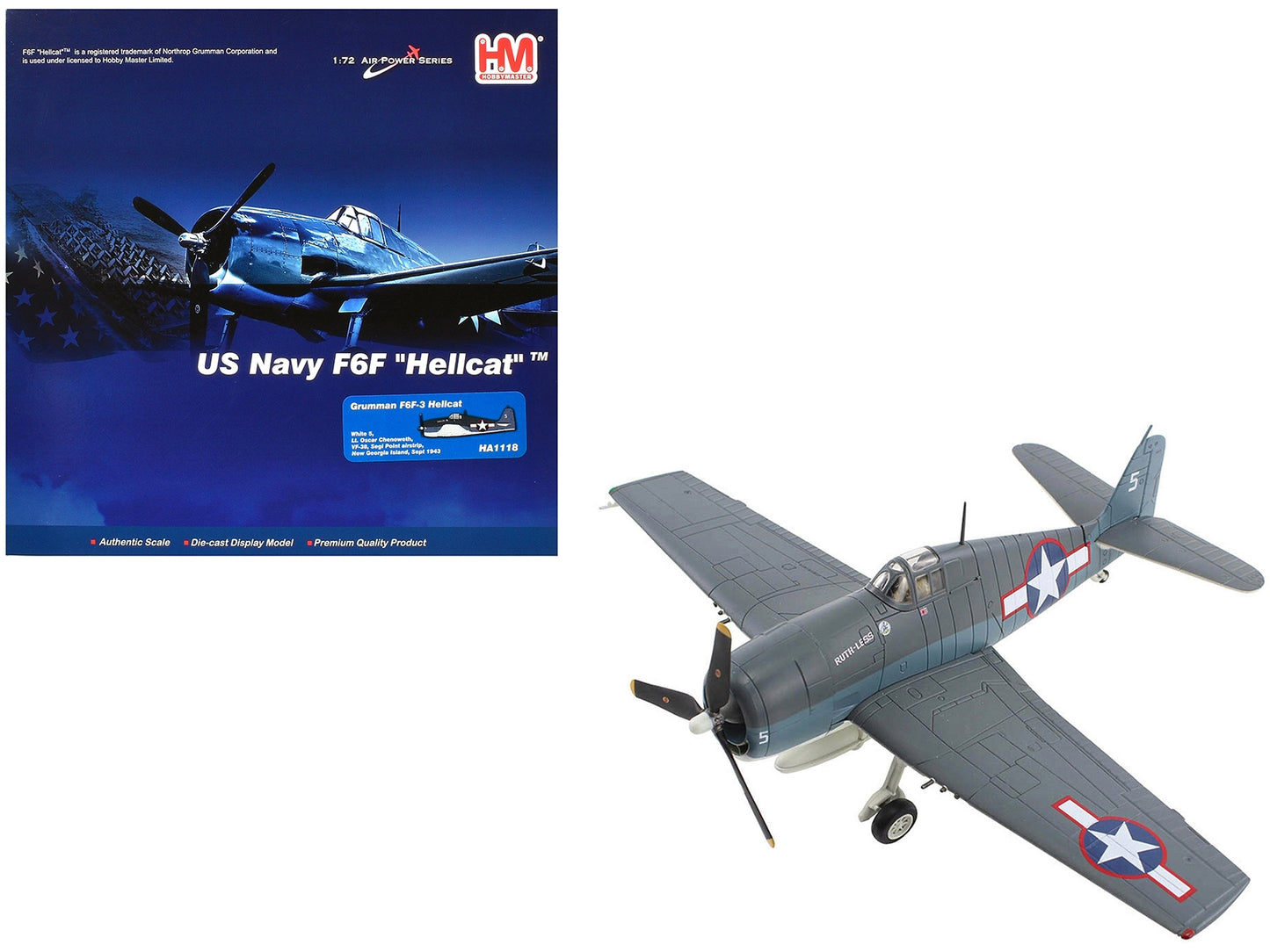 Grumman F6F-3 Hellcat Fighter Aircraft "Ruth-Less Lt. Oscar Chenoweth VF-38 Segi Point Airstrip New Georgia Island" (1943) United States Navy "Air Power Series" 1/72 Diecast Model by Hobby Master