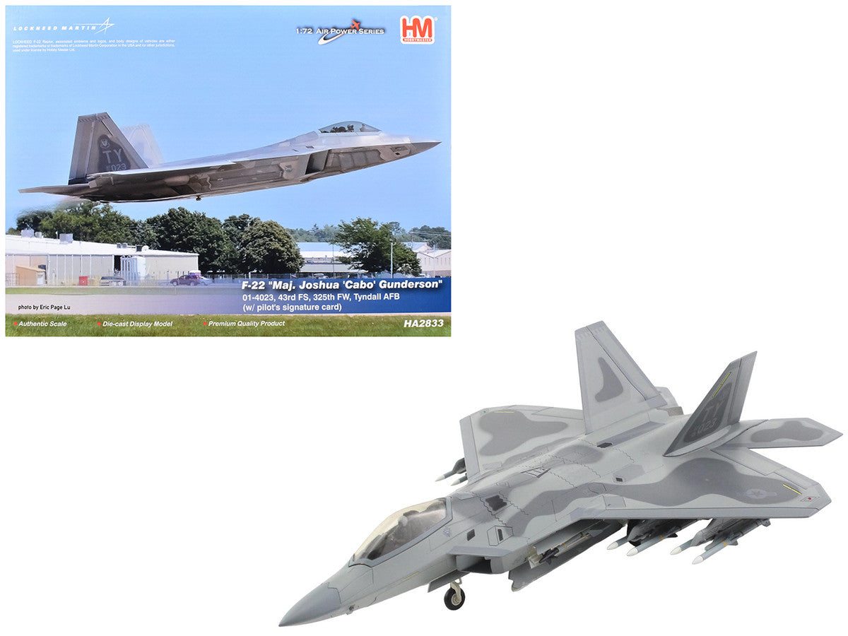 Lockheed F-22 Raptor Stealth Aircraft "01-4023 Major Joshua 'Cabo' Gunderson 43rd FS 325th FW Tyndall AFB" United States Air Force "Air Power Series" 1/72 Diecast Model by Hobby Master Hobby Master