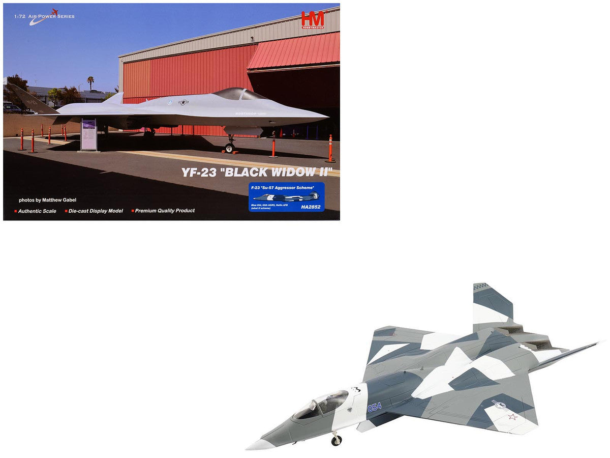 Northrop F-23 Black Widow II Stealth Fighter Aircraft Blue 054 Su-57 Aggressor What If Scheme 65th AGRS Nellis AFB United States Air Force Air Power Series 1/72 Diecast Model by Hobby Master Hobby Master