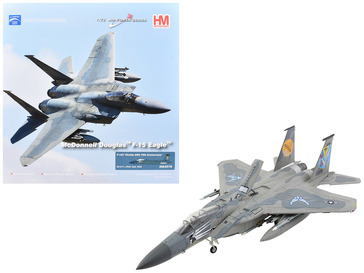 McDonnell Douglas F-15C Eagle Fighter Aircraft "86-0171 Florida ANG 75th Anniversary" (2022) United States Air Force "Air Power Series" 1/72 Diecast Model by Hobby Master Hobby Master