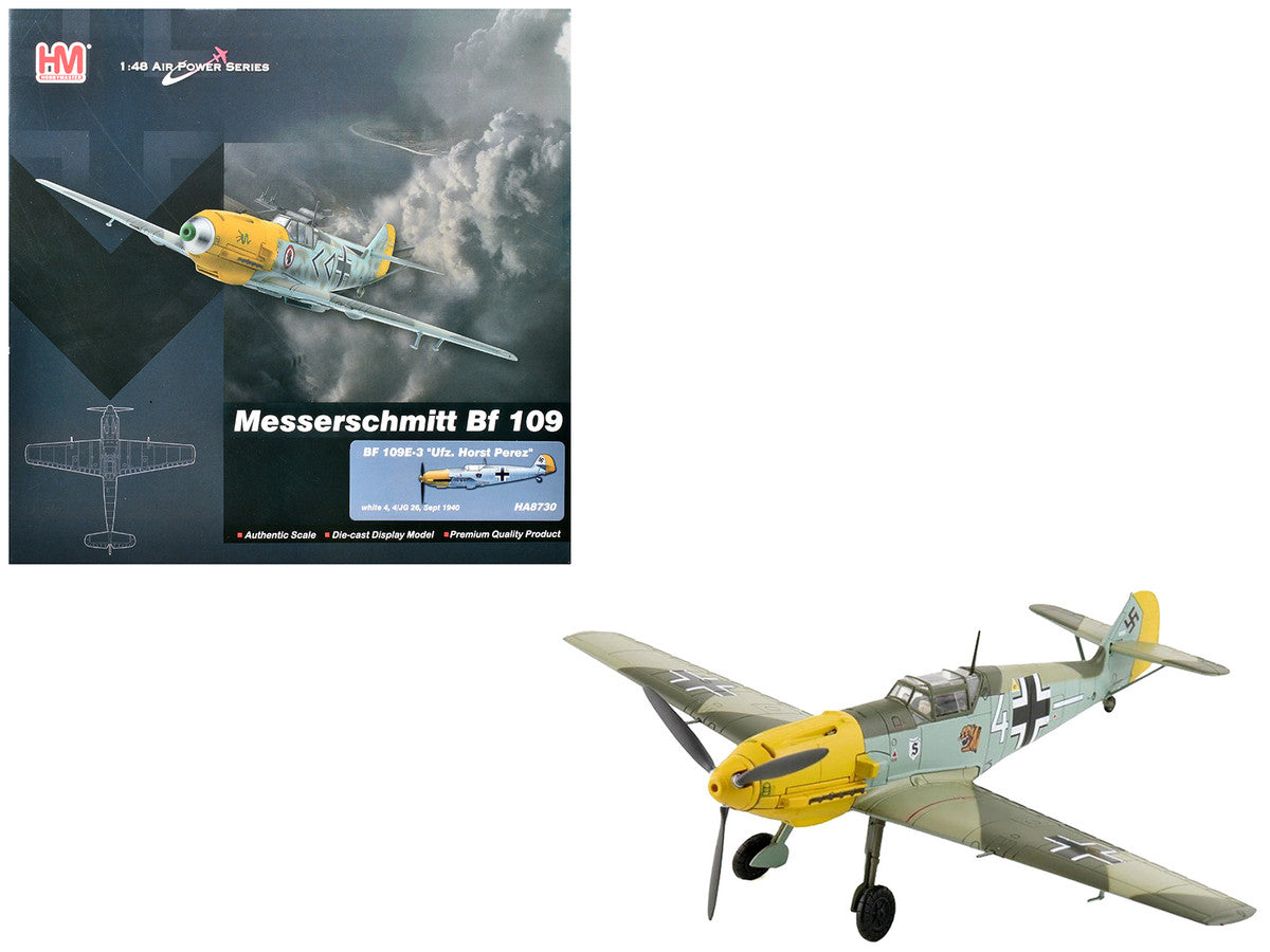 Messerschmitt Bf 109E-3 Fighter Aircraft "White 4 Unteroffizier Horst Perez 4/JG 26" (1940) German Luftwaffe "Air Power Series" 1/48 Diecast Model by Hobby Master Hobby Master