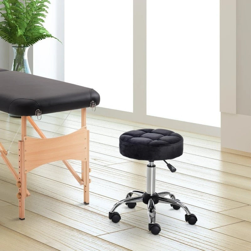 Black Button Tufted Adjustable Rolling Massage Swivel Salon Stool FastFurnishings
