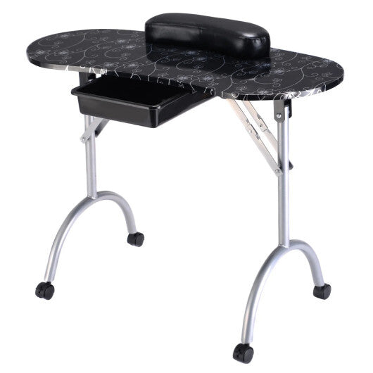 Foldable Portable Manicure Table with Drawer Casters and Cushion-Black W2B