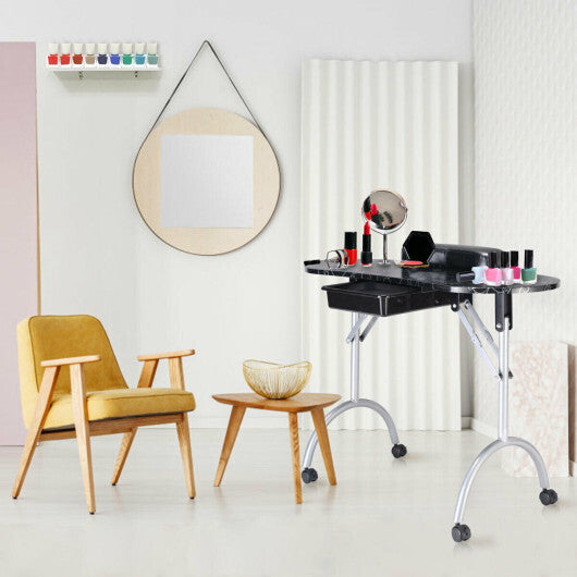 Foldable Portable Manicure Table with Drawer Casters and Cushion-Black W2B