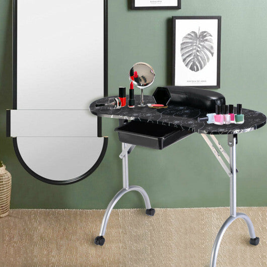 Foldable Portable Manicure Table with Drawer Casters and Cushion-Black W2B