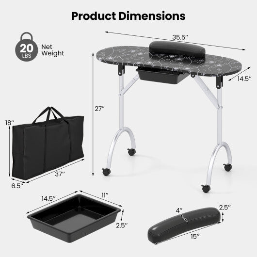 Foldable Portable Manicure Table with Drawer Casters and Cushion-Black W2B