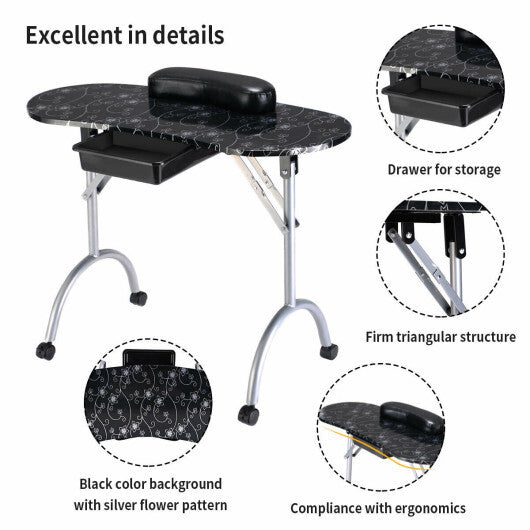 Foldable Portable Manicure Table with Drawer Casters and Cushion-Black W2B