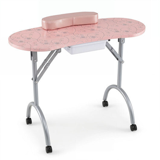 Foldable Portable Manicure Table with Drawer Casters and Cushion-Black W2B