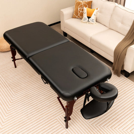 Folding Massage Table with Height-adjustable Beech Wood Frame-Black