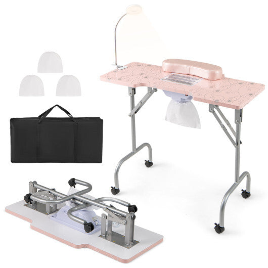 Folding Manicure Nail Table with Electric Dust Collector-Pink W2B