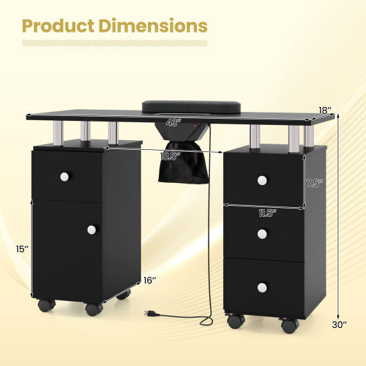 Manicure Table Nail Desk with Electric Dust Collector and 3 Dust Bags-Black W2B