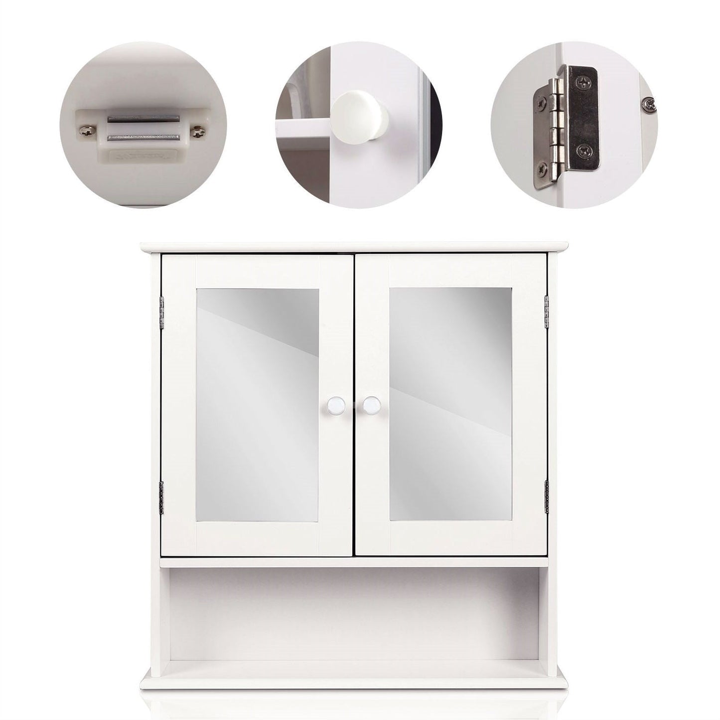 White 2-Door Mirrored Medicine Cabinet with Open Shelf-1