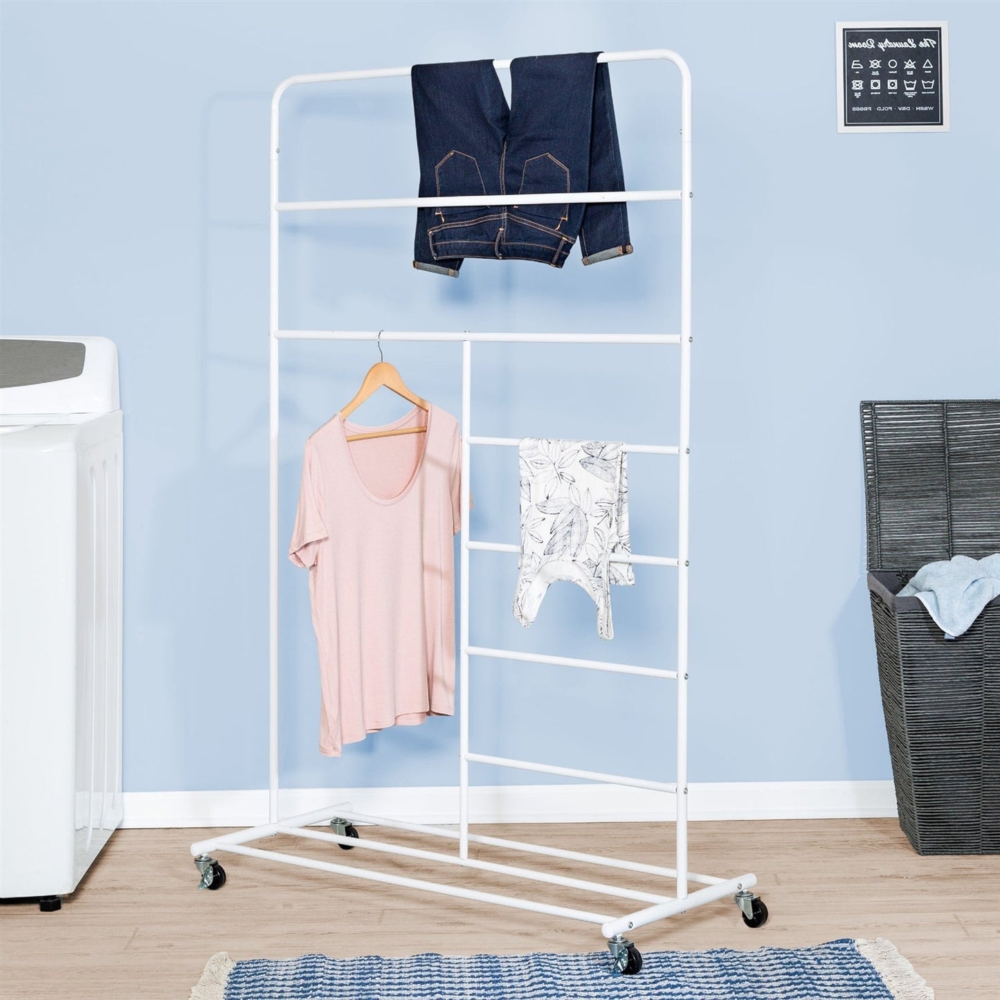 White Rolling Multi Use Laundry Clothes Drying Rack FastFurnishings