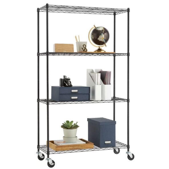 Heavy Duty Black Steel 4-Tier Shelving Unit with Locking Casters FastFurnishings
