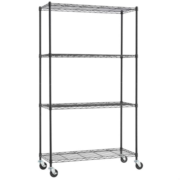 Heavy Duty Black Steel 4-Tier Shelving Unit with Locking Casters FastFurnishings