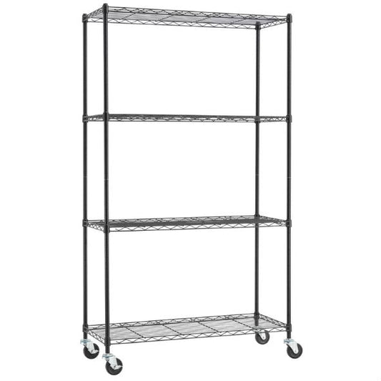 Heavy Duty Black Steel 4-Tier Shelving Unit with Locking Casters FastFurnishings