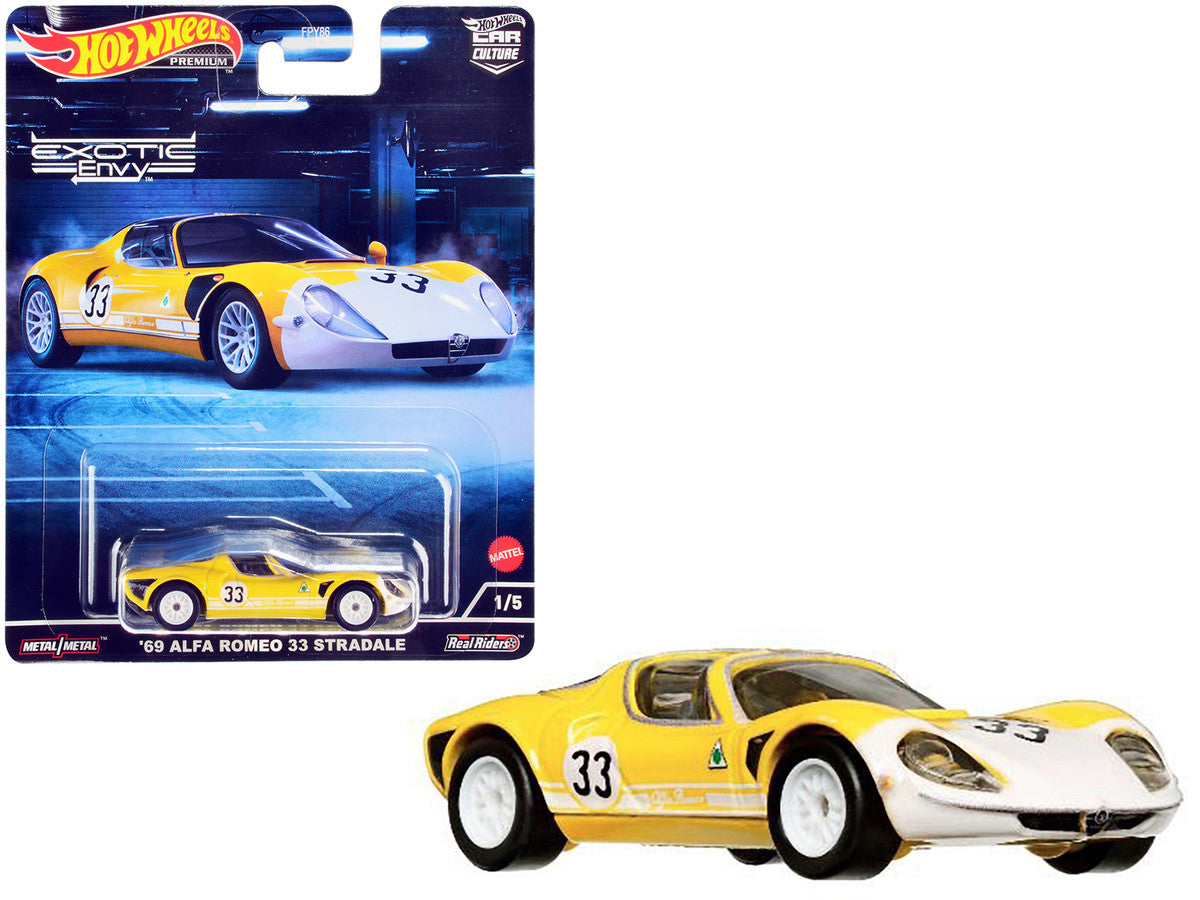 1969 Alfa Romeo 33 Stradale #33 Yellow and White "Exotic Envy" Series Diecast Model Car by Hot Wheels Hotwheels