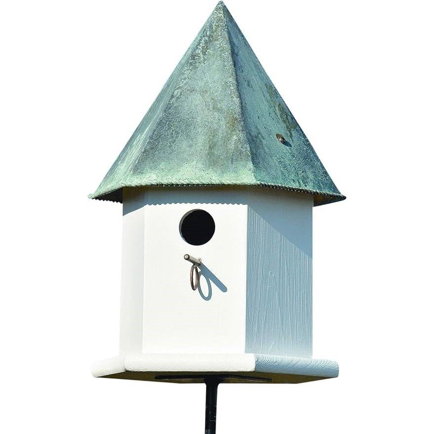 White Octagonal Bird House with Verdigris Copper Roof - Made in USA FastFurnishings