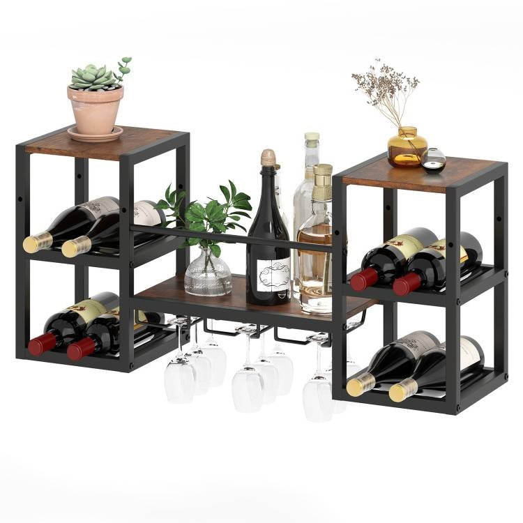Industrial Wood Metal Wall Mounted Wine Rack Shelf with Glass Holders FastFurnishings