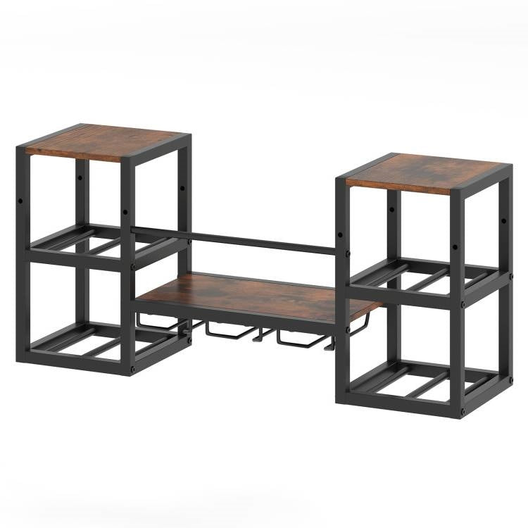 Industrial Wood Metal Wall Mounted Wine Rack Shelf with Glass Holders FastFurnishings