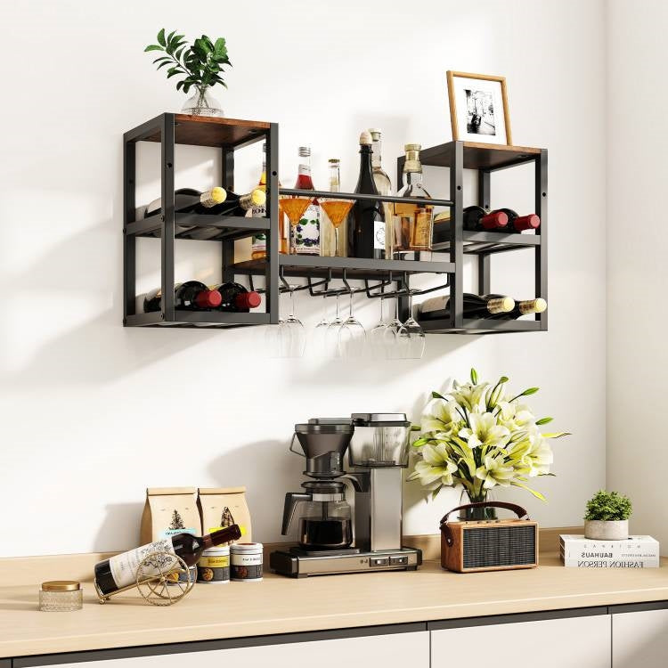 Industrial Wood Metal Wall Mounted Wine Rack Shelf with Glass Holders FastFurnishings