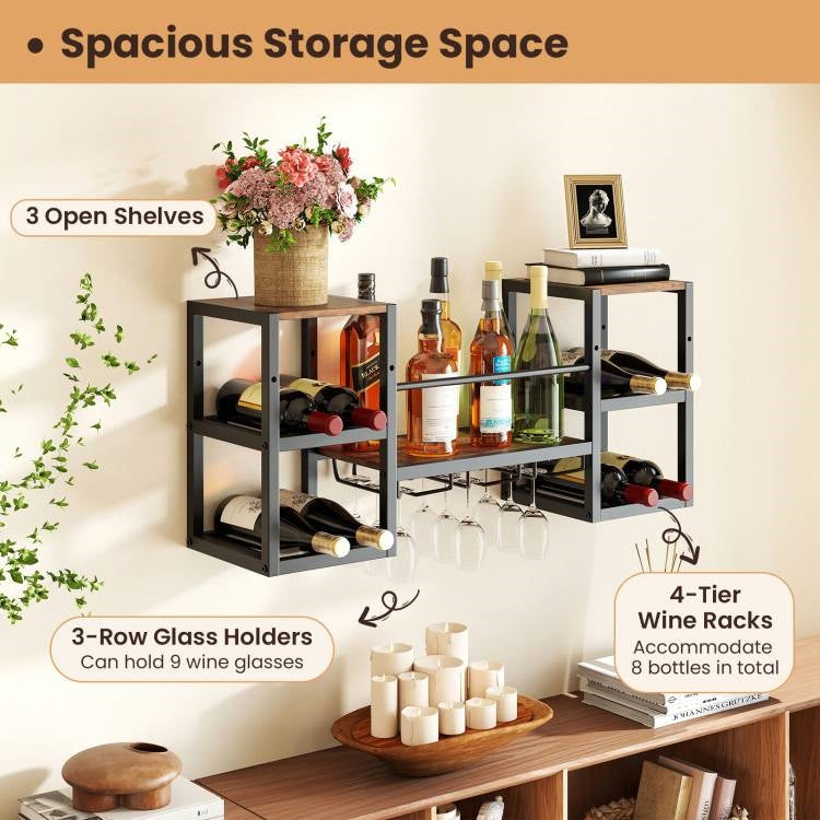 Industrial Wood Metal Wall Mounted Wine Rack Shelf with Glass Holders FastFurnishings