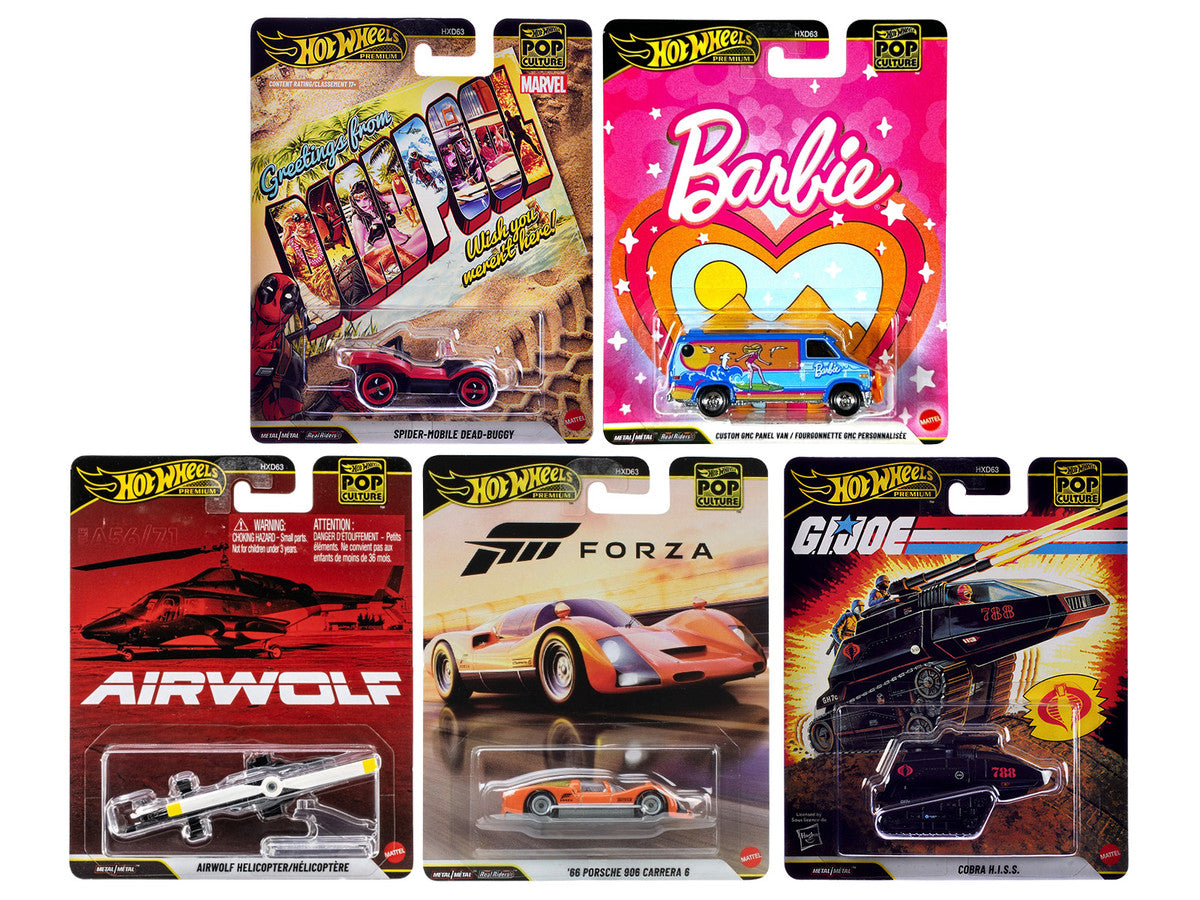 "Pop Culture 2025" 5 piece Set Q "Premium Series" Diecast Model Cars by Hot Wheels Hotwheels