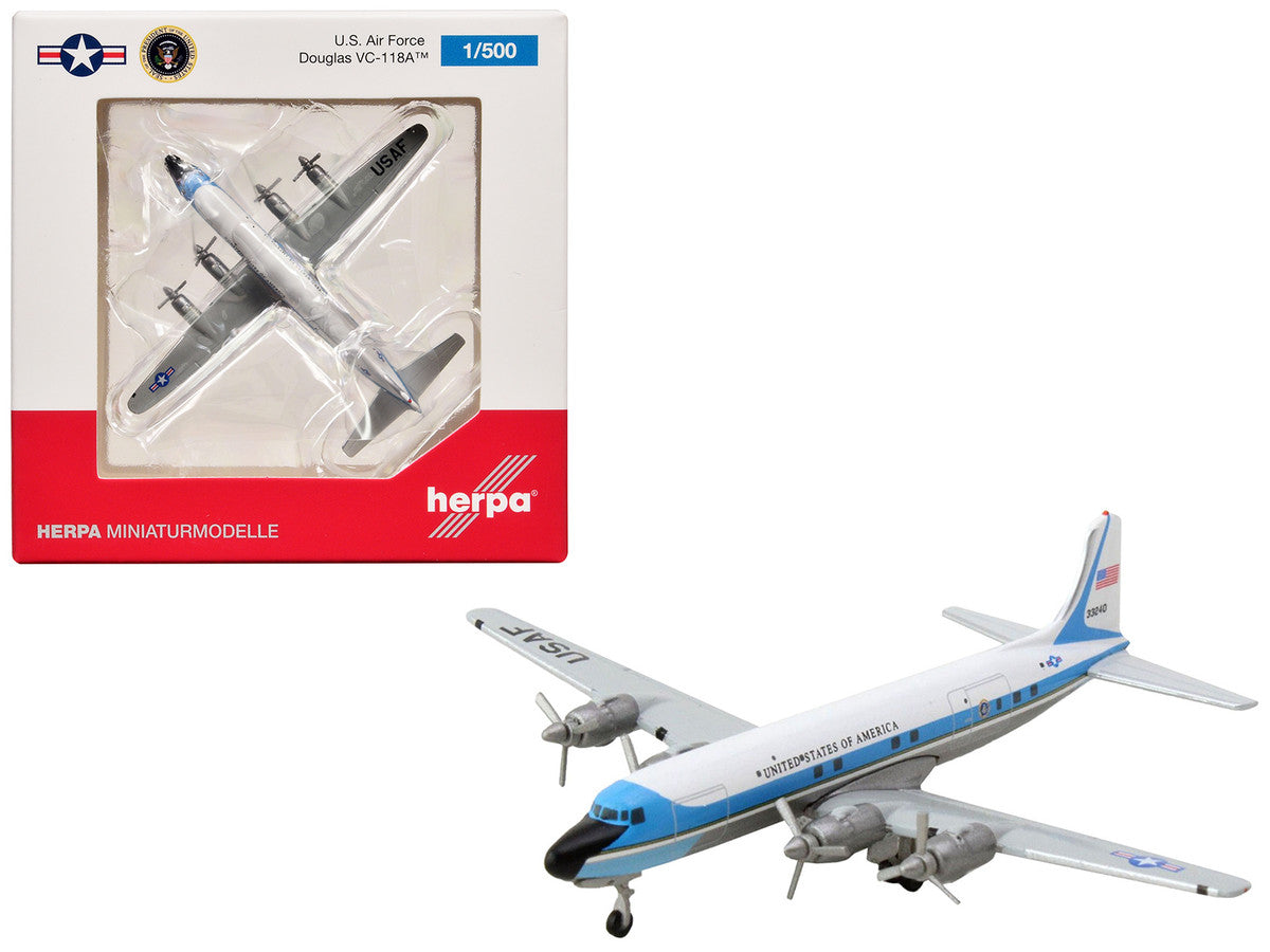 Douglas VC-118A Transport Aircraft "United States Air Force One 1254th Air Transport Wing Andrews Air Base" (53-3240) White with Blue Stripes 1/500 Diecast Model Airplane by Herpa Herpa