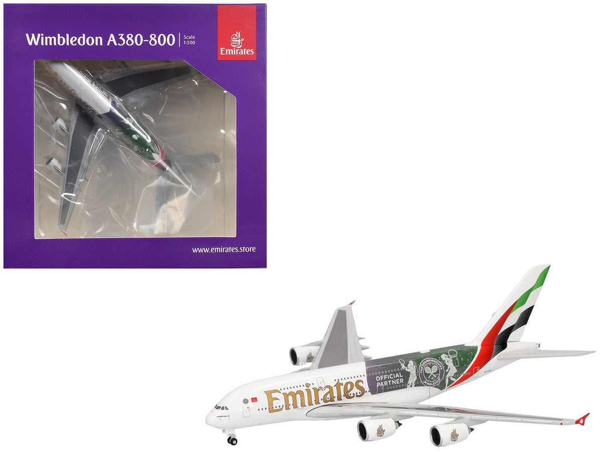 Airbus A380-800 Commercial Aircraft "Emirates Airlines - Wimbledon Official Partner" (A6-EOE) White with Graphics 1/500 Diecast Model Airplane by Herpa Herpa