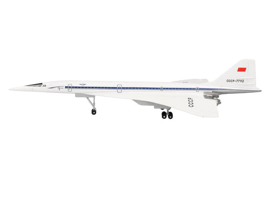 Tupolev Tu-144D Commercial Aircraft "Aeroflt - Technik Museum Sinsheim" (CCCP-77112) White with Blue Stripes 1/400 Diecast Model Airplane by Herpa Herpa