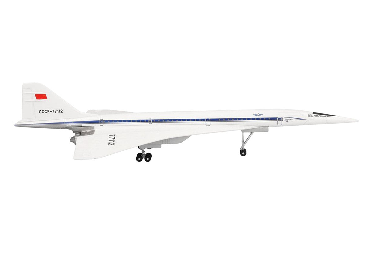 Tupolev Tu-144D Commercial Aircraft "Aeroflt - Technik Museum Sinsheim" (CCCP-77112) White with Blue Stripes 1/400 Diecast Model Airplane by Herpa Herpa