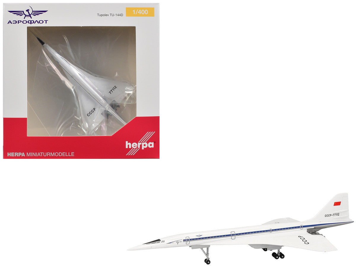 Tupolev Tu-144D Commercial Aircraft "Aeroflt - Technik Museum Sinsheim" (CCCP-77112) White with Blue Stripes 1/400 Diecast Model Airplane by Herpa Herpa