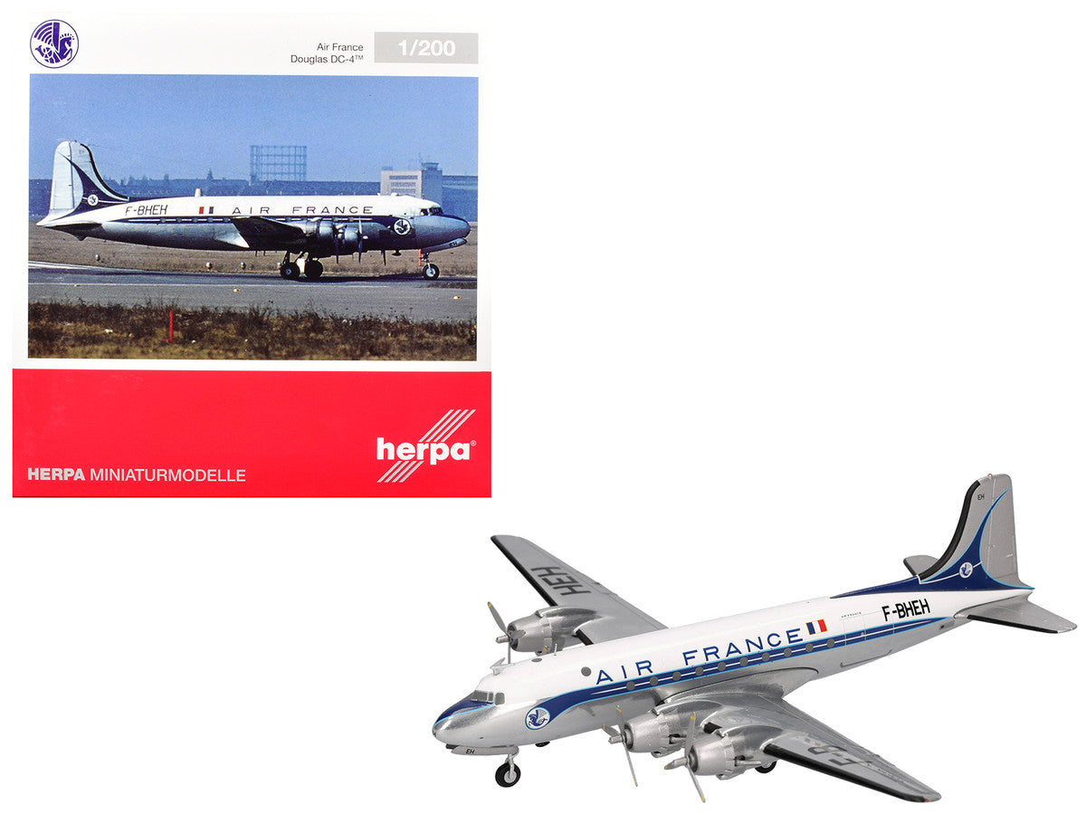 Douglas DC-4 Commercial Aircraft "Air France" (F-BHEH) White with Blue Stripes 1/200 Diecast Model by Herpa Herpa