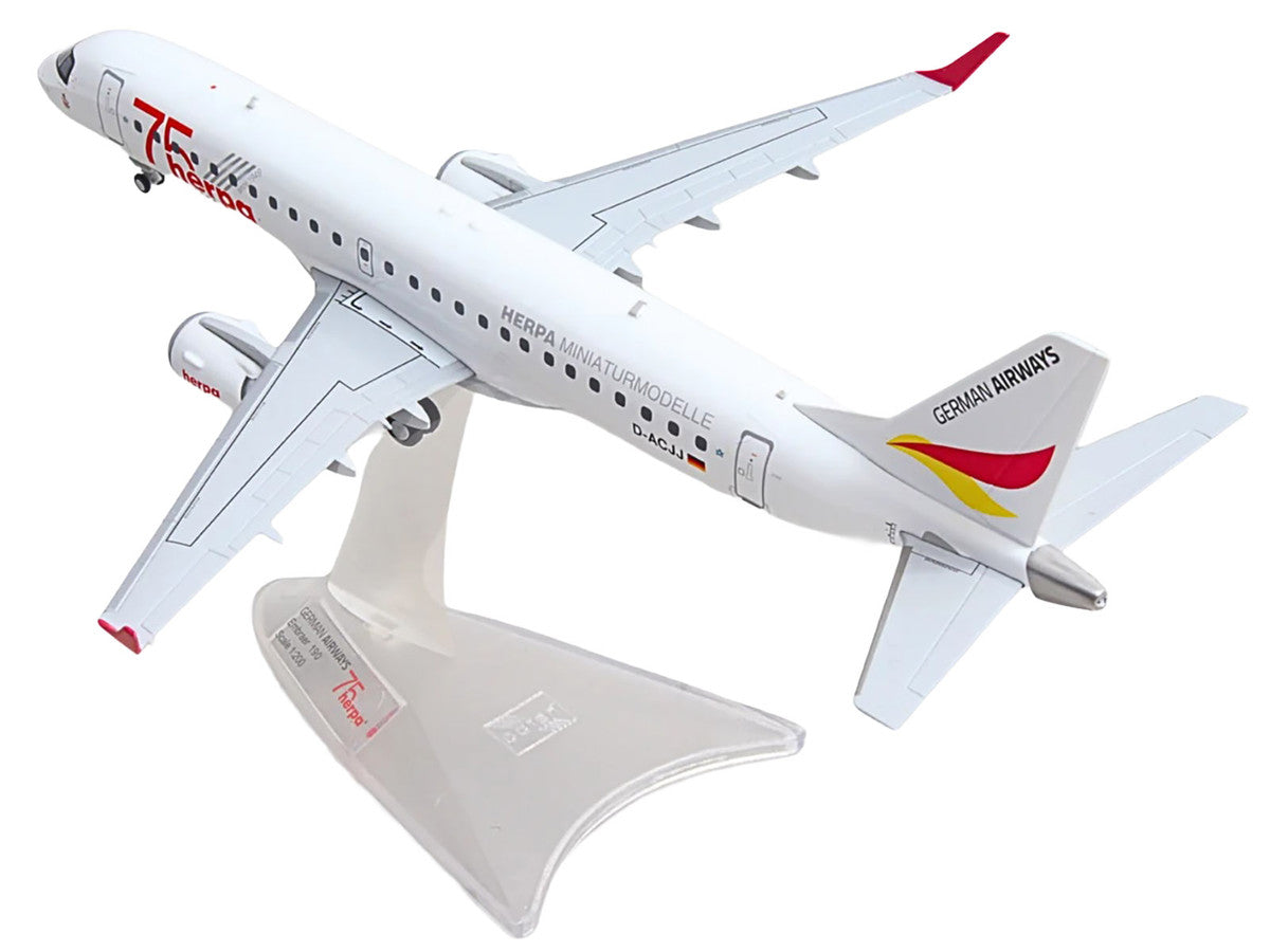 Embraer E190 Commercial Aircraft "German Airways - Herpa 75 Years" (D-ACJJ) White with Graphics 1/200 Diecast Model by Herpa-3