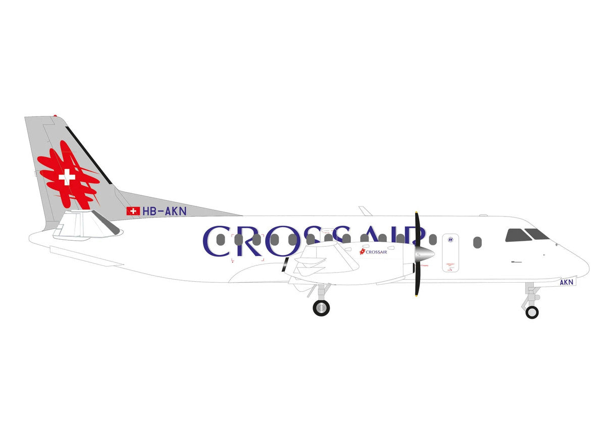Saab 340 Commercial Aircraft "Crossair" (HB-AKN) White with Tail Graphics 1/200 Diecast Model Airplane by Herpa GeminiJets