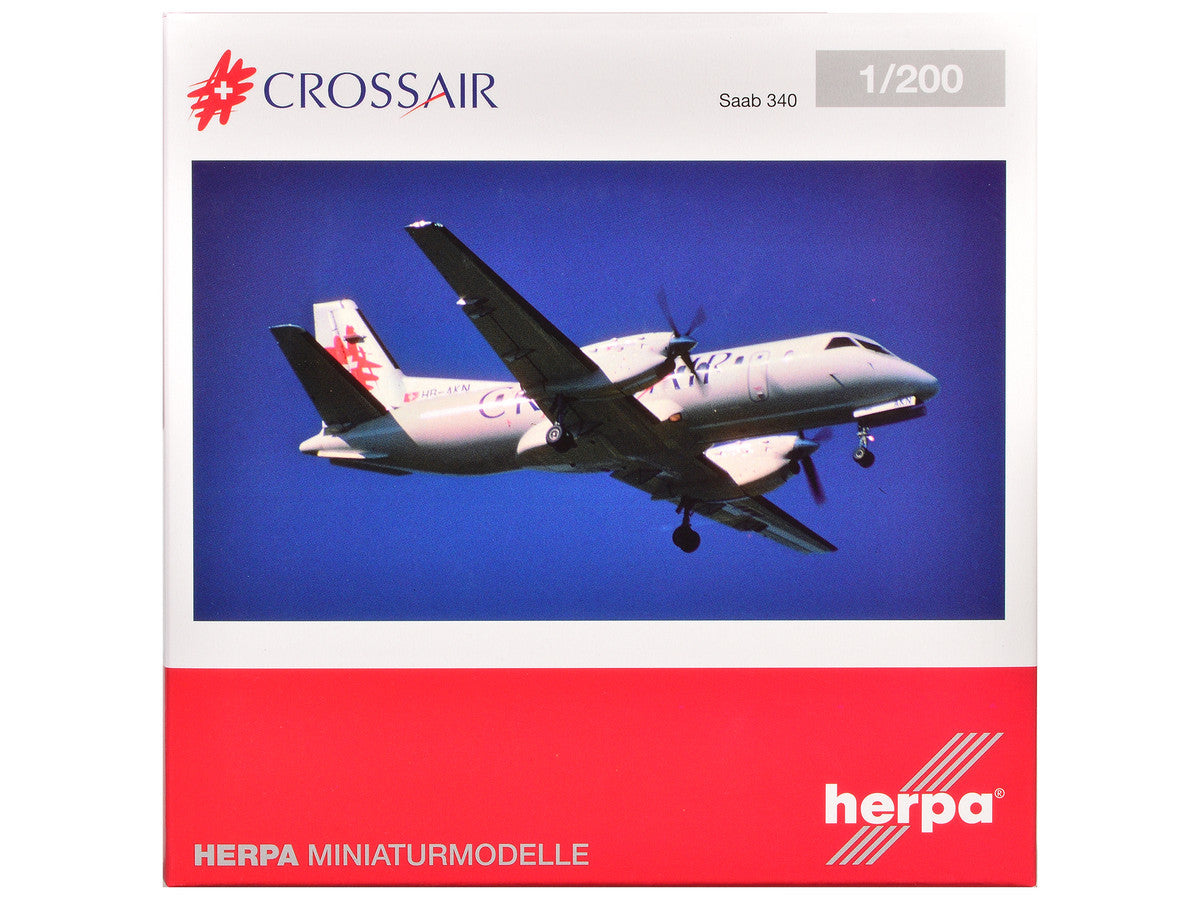 Saab 340 Commercial Aircraft "Crossair" (HB-AKN) White with Tail Graphics 1/200 Diecast Model Airplane by Herpa GeminiJets