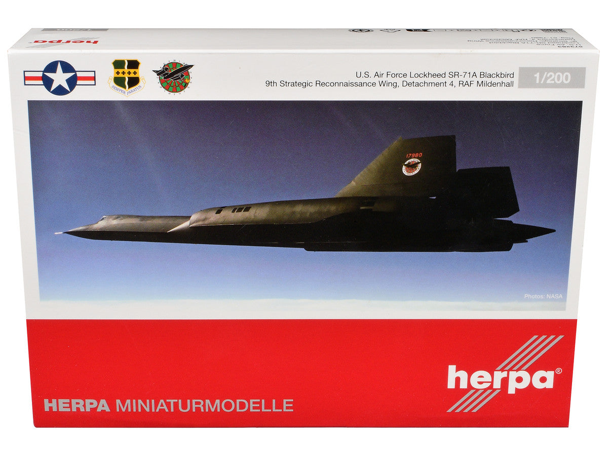 Lockheed SR-71A Blackbird Stealth Aircraft "9th Strategic Reconnaissance Wing Detachment 4 RAF Mildenhall" United States Air Force 1/200 Diecast Model Airplane by Herpa Herpa