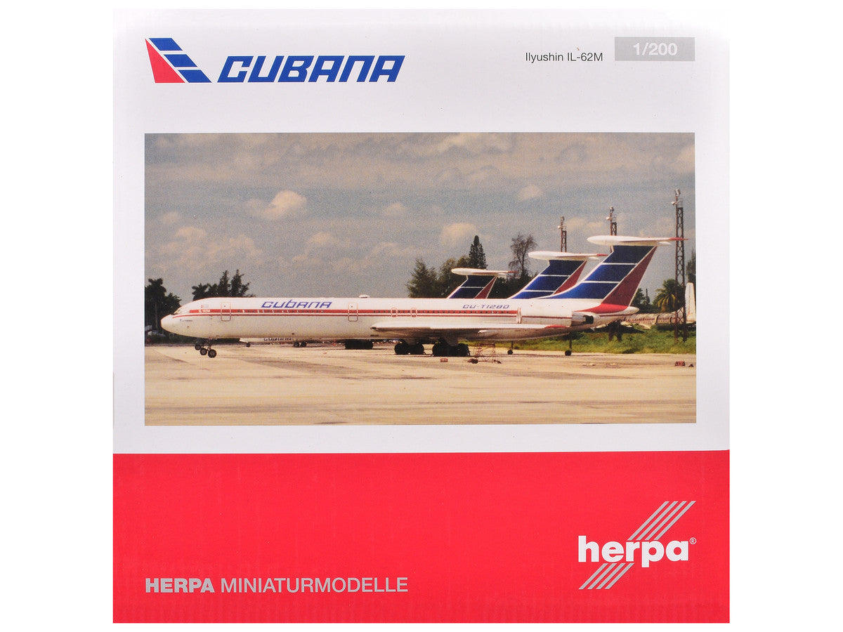 Ilyushin IL-62M Commercial Aircraft "Cubana de Aviacion" (T1280) White with Blue and Red Tail 1/200 Diecast Model Airplane by Herpa-0
